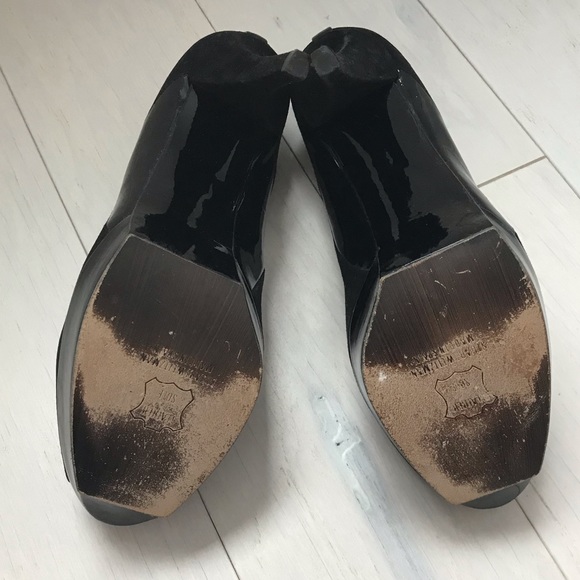 Stuart Weitzman Suede & Patent Peep Toe Heels - Picture 5 of 7